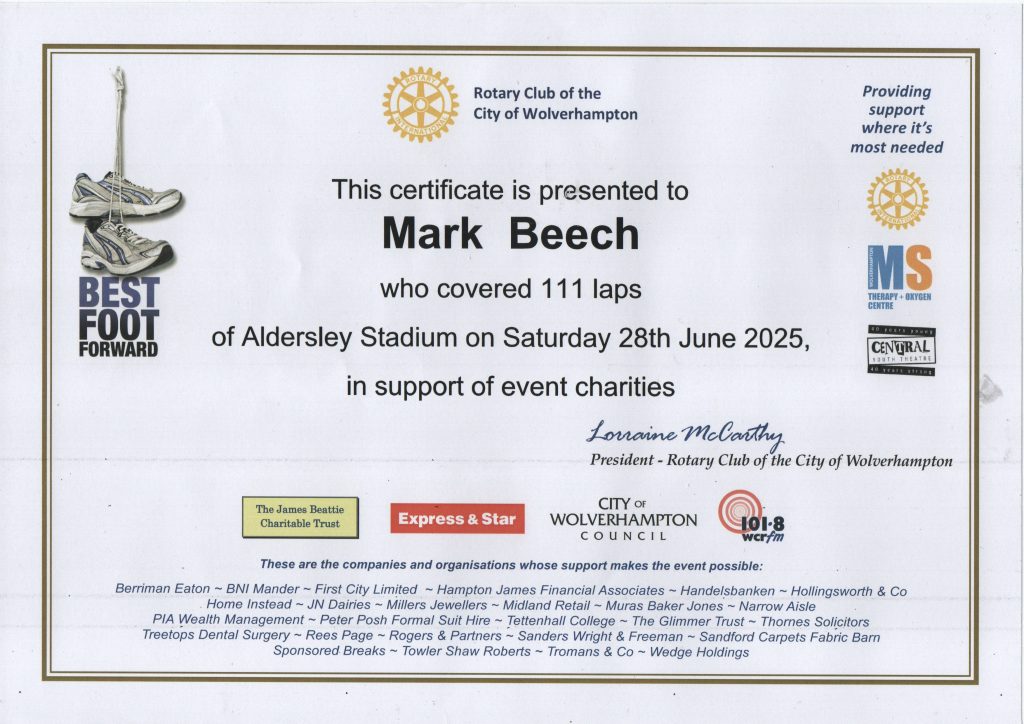 Wolverhampton Best Foot Forward 2025 Certificate showing that Mark Beech completed 111 laps.