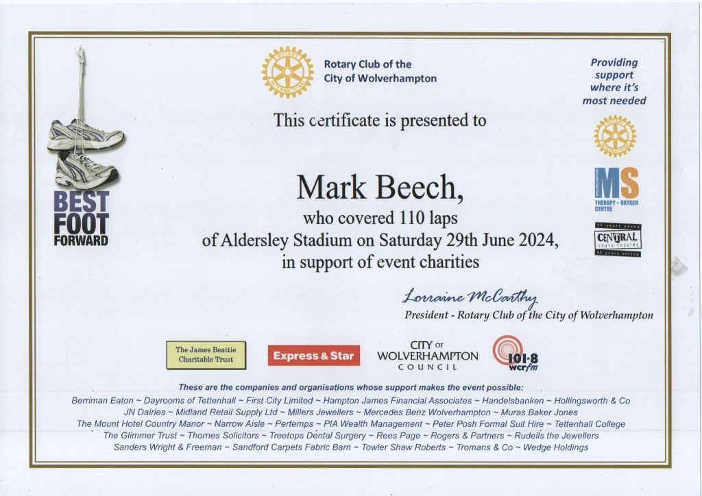 Wolverhampton Best Foot Forward 2024 Certificate showing that Mark Beech completed 110 laps.