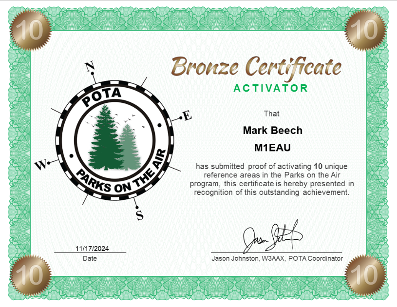 POTA Bronze Activator Certificate for Mark Beech (M1EAU) activating 10 different parks.